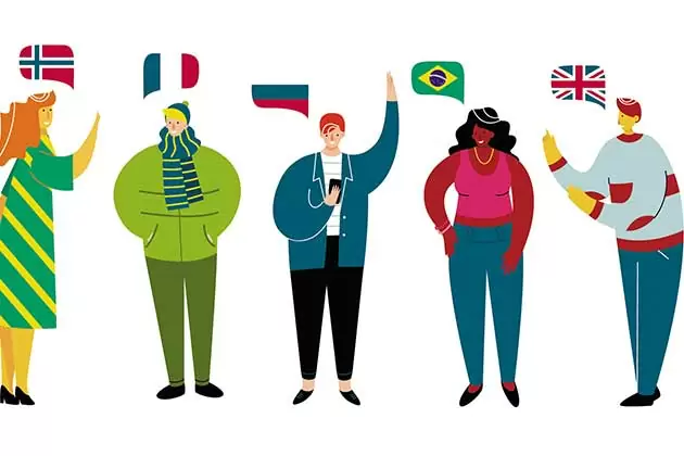 Cinco pessoas com balões com bandeiras de países 